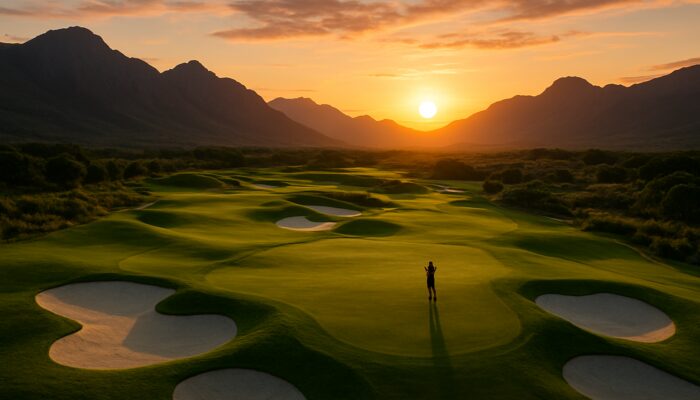 Aerial view of Arabella Golf Course at sunset with lush fairways winding through mountains