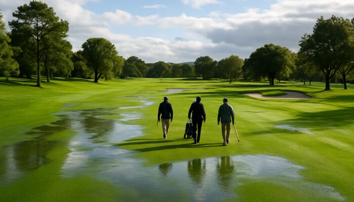 Golfers strolling lush, rain-slicked fairways at Arabella Golf Course after rainfall with efficient drainage.