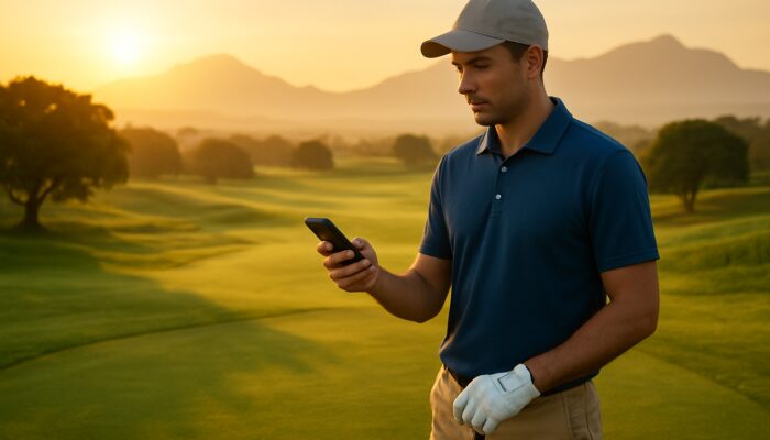 Novice golfer using handheld gadget on lush South African parkland course at sunrise with mountains.