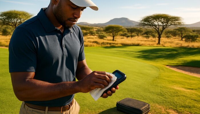 Golfer cleans sensor on sunny South African course with protective case and savanna backdrop