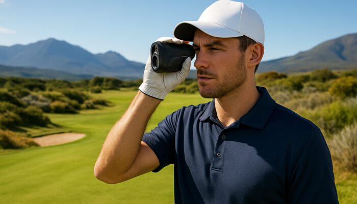 Focused golfer calibrates rangefinder on sunlit Fancourt fairway with mountains and rolling hills behind.