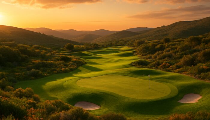 Golden sunset over lush fairways of South African golf course amid rolling hills and native flora.