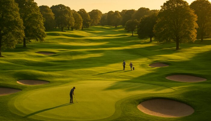 Lush rolling fairways at Kingswood Golf Course with golfers, greens, and sand bunkers in golden sunlight.