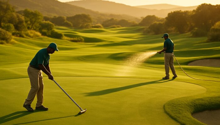Groundskeepers maintaining lush fairways at Kingswood Golf Course with water-efficient tools under golden sunlight.