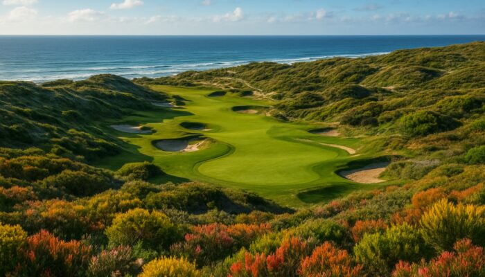 Championship golf course winding through fynbos-covered coastal dunes overlooking the ocean in South Africa's Western Cape.