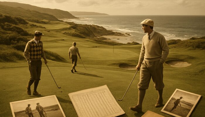 Vintage golfers in retro attire on Mossel Bay Golf Club fairways with sepia photos and antique scorecards.