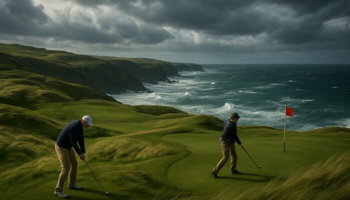 Golfers battling coastal winds on undulating fairways at Mossel Bay Golf Club with ocean cliffs