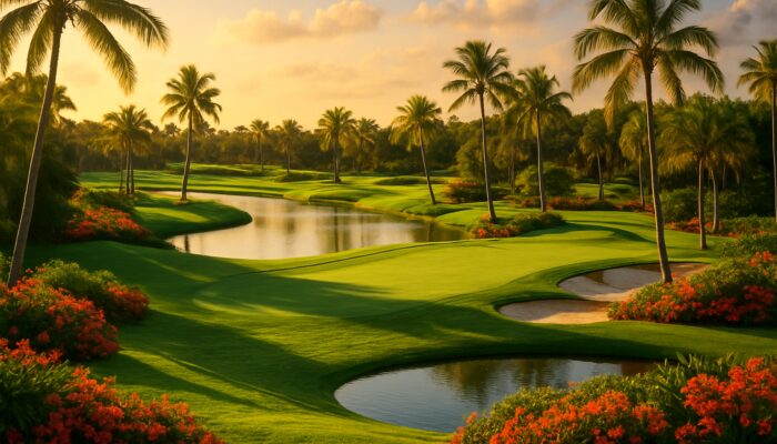 Lush Florida golf course with emerald fairways, palm trees, tropical flowers, and water hazards in sunlight