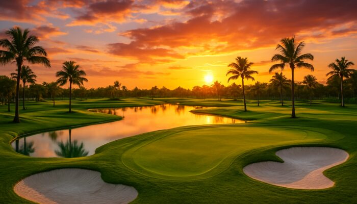 Lush Florida golf course at sunset with emerald fairways, palm trees, and turquoise ponds.