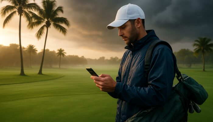 Florida golfer checks phone weather at misty sunrise on palm-lined course with storm clouds ahead