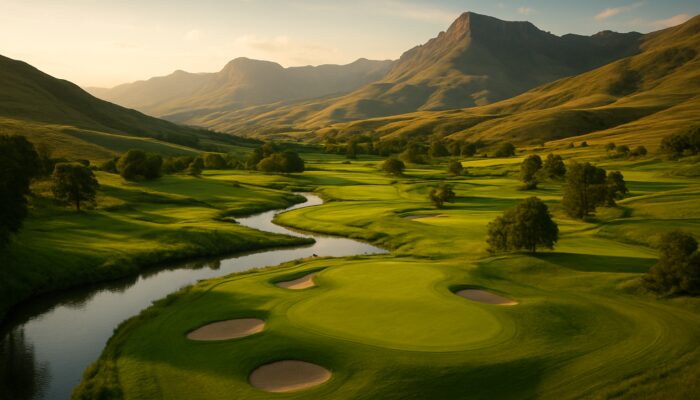 Underberg Country Club golf course with lush fairways, rolling hills, rivers, and Drakensberg mountains in golden light.