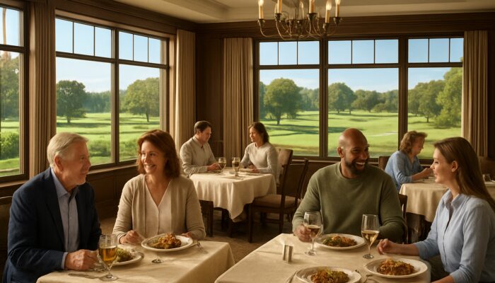 Underberg Country Club dining room with members enjoying meals overlooking lush golf course views.