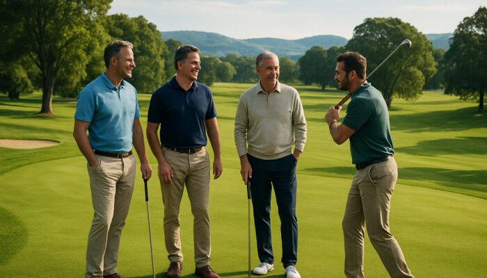 Business executives golfing and networking on scenic fairways at Underberg Country Club.
