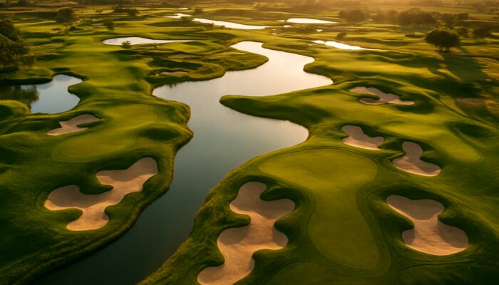Aerial view of Ebotse Links golf course with lush fairways, water hazards and bunkers in golden sunlight.