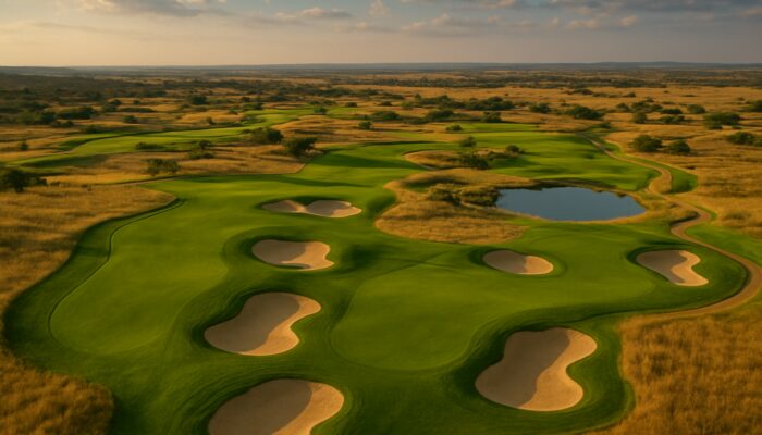Aerial view of Ebotse Links Golf Course Gauteng with emerald fairways and sand bunkers