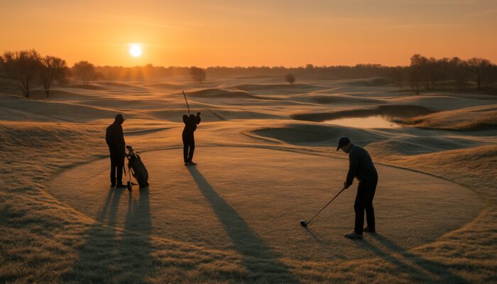 Early golfers teeing off amid frost-tinged fairways at Ebotse Links Golf Course in winter dawn light.