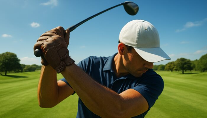 Golfer in premium South African leather gloves swings on sun-drenched green fairway under blue skies.
