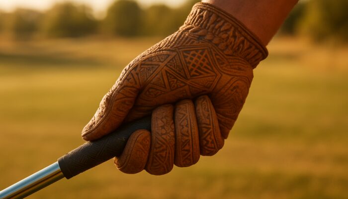 Close-up of hand in textured indigenous game-leather golf glove gripping club on rural course