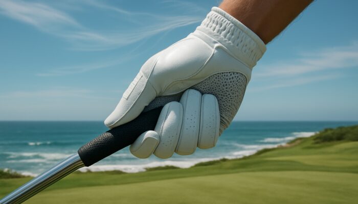 Close-up of hand in mesh-ventilated golf glove gripping club on sunny coastal course