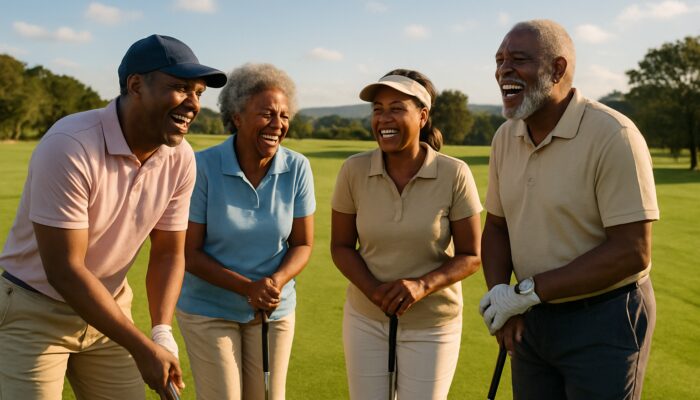 Diverse South Africans laughing while teeing off on a sunny green golf course.