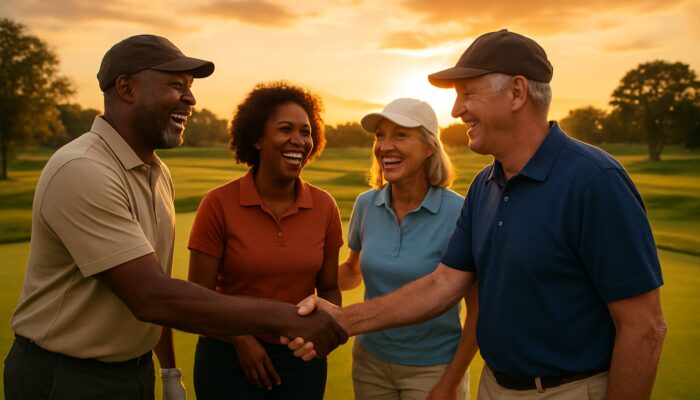 Diverse locals laughing and shaking hands at vibrant sunset golf event on lush fairways, celebrating local connections.