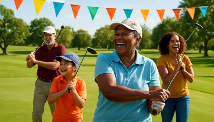 Diverse residents laughing at sunny community golf event on lush green fairways with colorful banners.