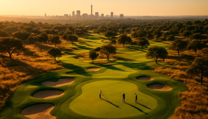 Aerial view of Royal Johannesburg & Kensington Golf Club fairways with golfers under golden Johannesburg sunlight.