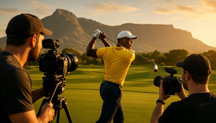 South African golfer mid-swing on lush course with Table Mountain backdrop at golden hour.
