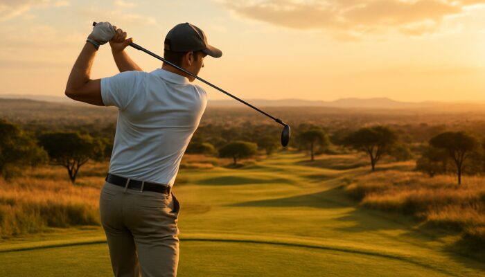 Golfer swinging with neutral grip on rolling Johannesburg fairways amid South African savanna at golden hour.