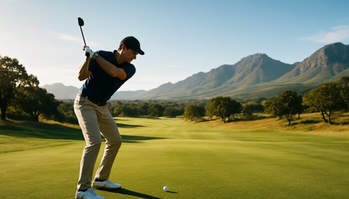 Focused golfer executes smooth low takeaway backswing on sun-drenched South African highland golf course with mountains.
