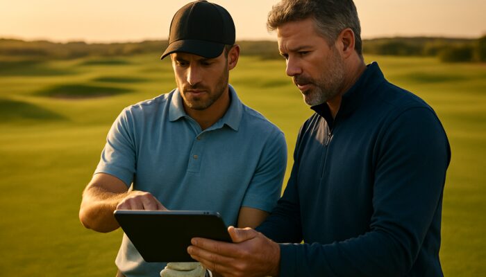 Golfer and coach reviewing slow-motion swing footage on tablet amid Eastern Cape fairways.