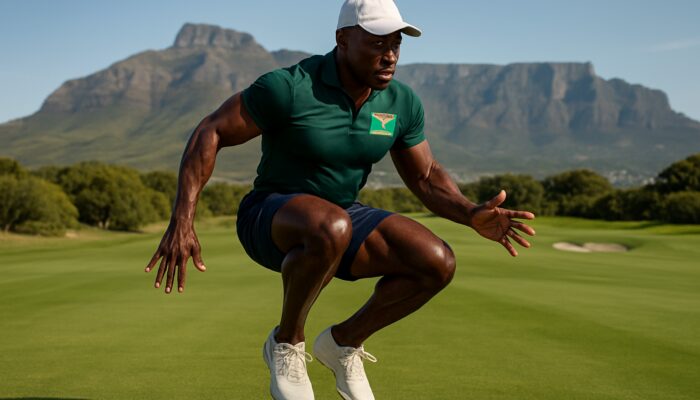 Muscular South African golfer leaping in leg power test on fairway with Table Mountain backdrop