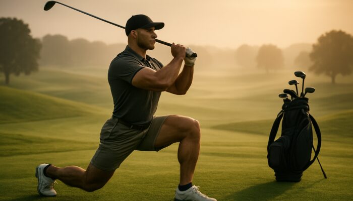 Muscular golfer lunges powerfully on misty fairway at dawn to build leg strength.